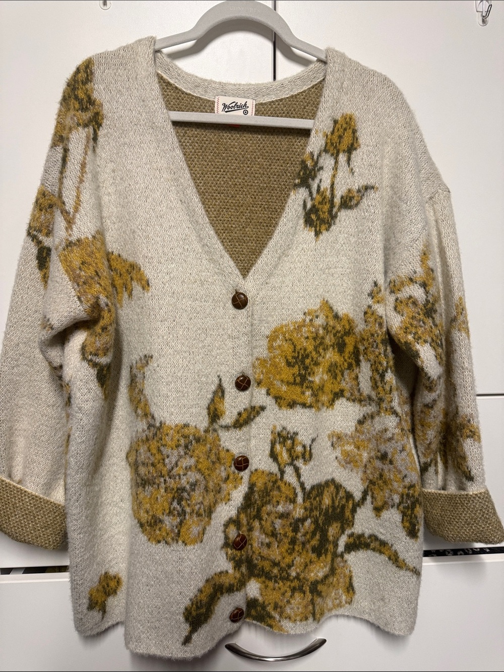 Woolrich Cream and Mustard Floral Button-Front Cardigan